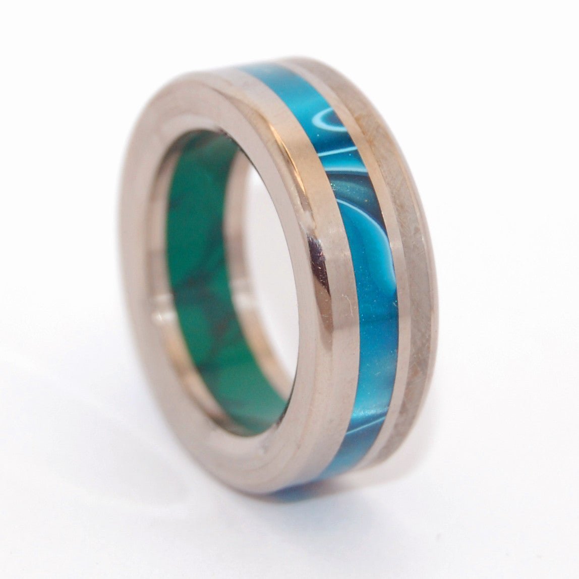 Go Bold Or Go Home | Men's Meteorite, Jade Stone, Aquatic Blue Resin & Titanium Wedding Ring - Minter and Richter Designs