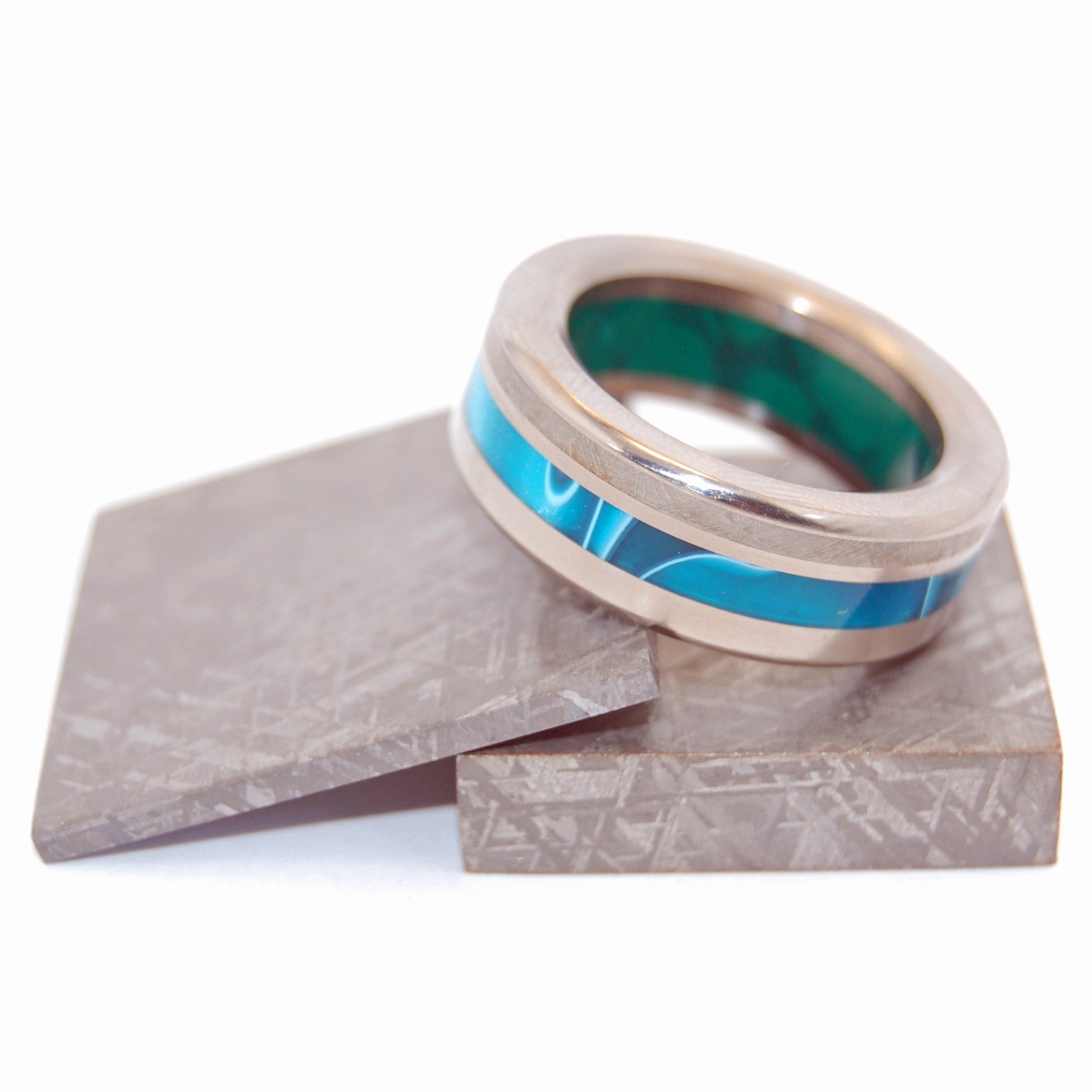 Go Bold Or Go Home | Men's Meteorite, Jade Stone, Aquatic Blue Resin & Titanium Wedding Ring - Minter and Richter Designs