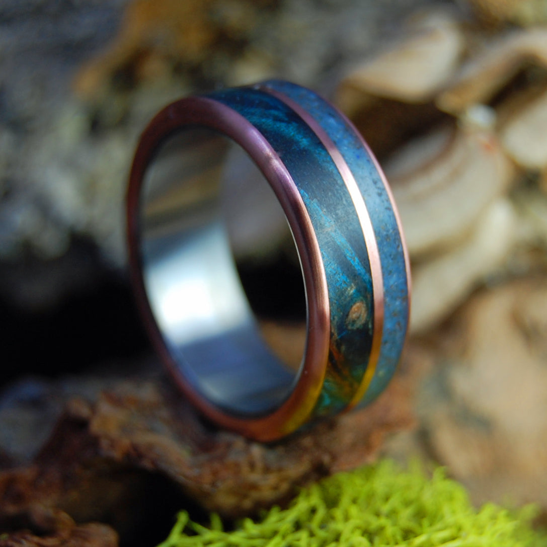 GOD LOVES LAKE SUPERIOR | Blue Maple, Lake Superior Beach Sand and Ground Caribou Antler - Titanium Wedding Rings - Minter and Richter Designs