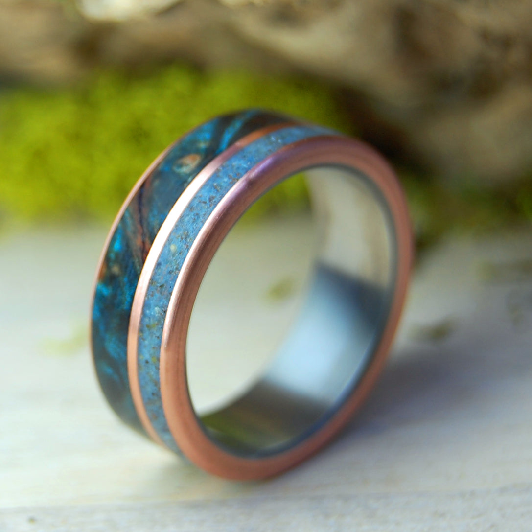 GOD LOVES LAKE SUPERIOR | Blue Maple, Lake Superior Beach Sand and Ground Caribou Antler - Titanium Wedding Rings - Minter and Richter Designs