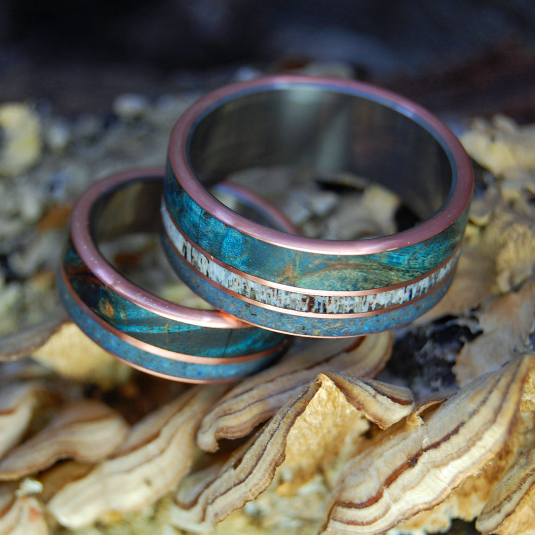 GOD LOVES THE CARIBOU OF LAKE SUPERIOR | Caribou Antler, Lake Superior  Beach Sand, Copper, Blue Maple Wood - Titanium Wedding Ring Set