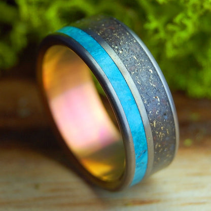 GOLDEN BANKS ON RIVER RHINE | German Earth, River Rhine Rocks, Crushed Gold, Chrysocolla & Titanium Wedding Ring - Minter and Richter Designs