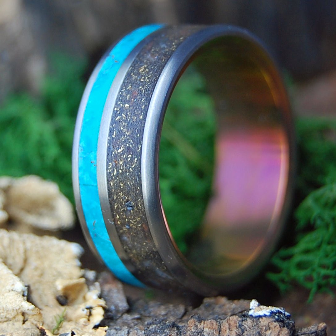 GOLDEN BANKS ON RIVER RHINE | German Earth, River Rhine Rocks, Crushed Gold, Chrysocolla & Titanium Wedding Ring - Minter and Richter Designs