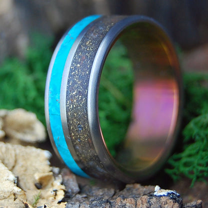 GOLDEN BANKS ON RIVER RHINE | German Earth, River Rhine Rocks, Crushed Gold, Chrysocolla & Titanium Wedding Ring - Minter and Richter Designs