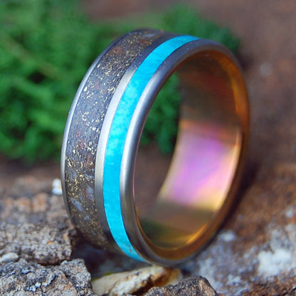 GOLDEN BANKS ON RIVER RHINE | German Earth, River Rhine Rocks, Crushed Gold, Chrysocolla & Titanium Wedding Ring - Minter and Richter Designs