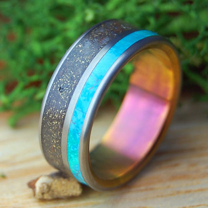 GOLDEN BANKS ON RIVER RHINE | German Earth, River Rhine Rocks, Crushed Gold, Chrysocolla & Titanium Wedding Ring - Minter and Richter Designs