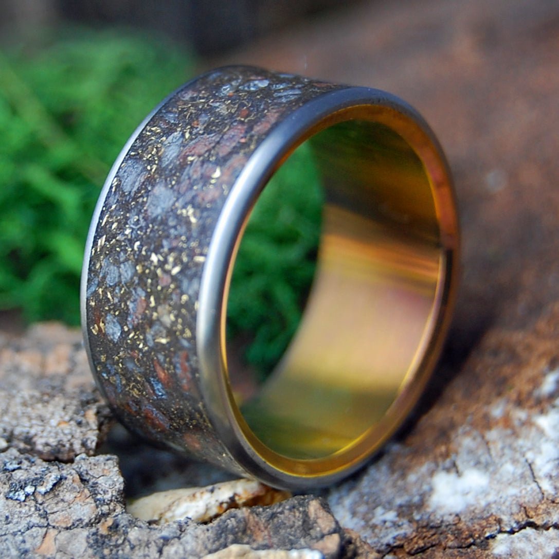 GOLDEN HOUR ON RIVER RHINE | German Earth, River Rhine Rocks, Crushed Gold & Titanium Wedding Ring - Minter and Richter Designs