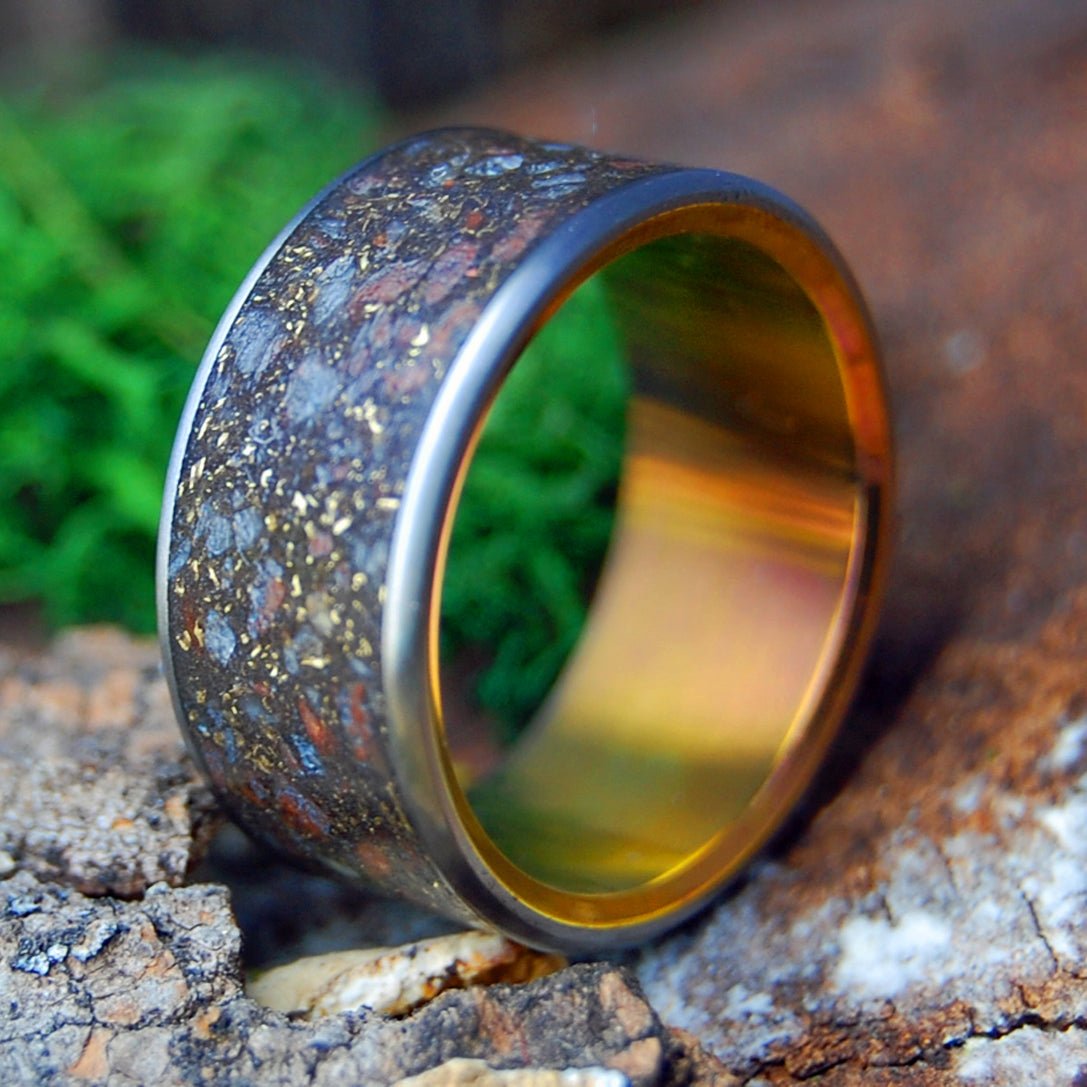 GOLDEN HOUR ON RIVER RHINE | German Earth, River Rhine Rocks, Crushed Gold & Titanium Wedding Ring - Minter and Richter Designs