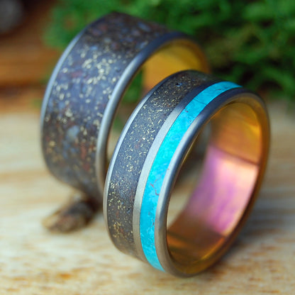 GOLDEN HOUR ON BANKS OF RIVER RHINE SET |  River Rhine Rocks and Crushed Gold - Wedding Rings