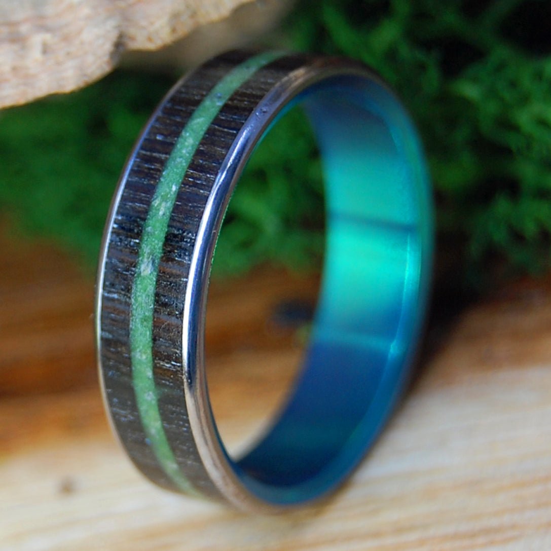 GREEN SUNSETS OF IRELAND | Men's Irish Bog Oak, Connemara Marble & Titanium Wedding Ring - Minter and Richter Designs