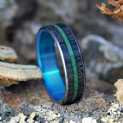 GREEN SUNSETS OF IRELAND | Men's Irish Bog Oak, Connemara Marble & Titanium Wedding Ring - Minter and Richter Designs