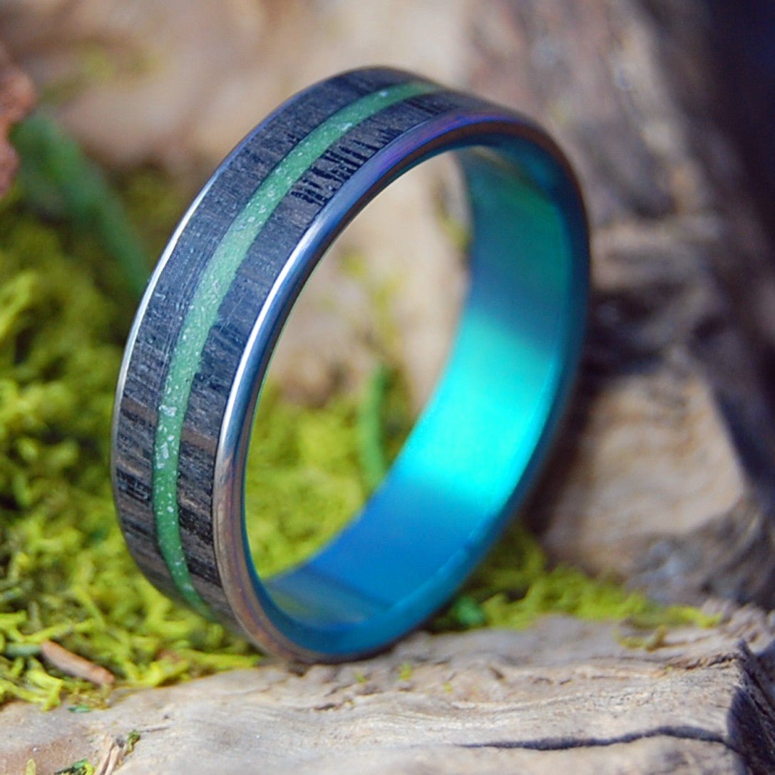 GREEN SUNSETS OF IRELAND | Men's Irish Bog Oak, Connemara Marble & Titanium Wedding Ring - Minter and Richter Designs