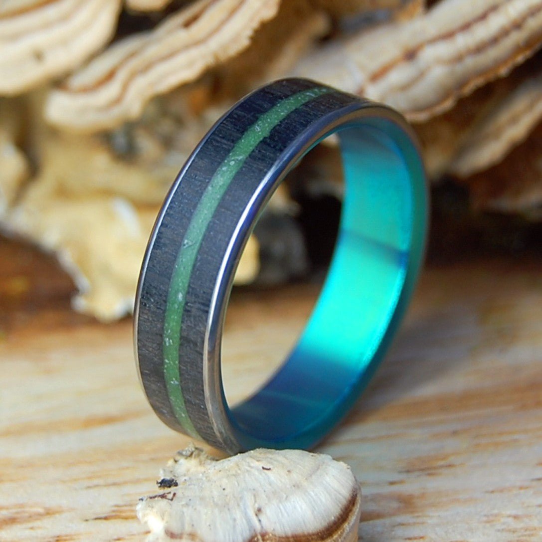 GREEN SUNSETS OF IRELAND | Men's Irish Bog Oak, Connemara Marble & Titanium Wedding Ring - Minter and Richter Designs