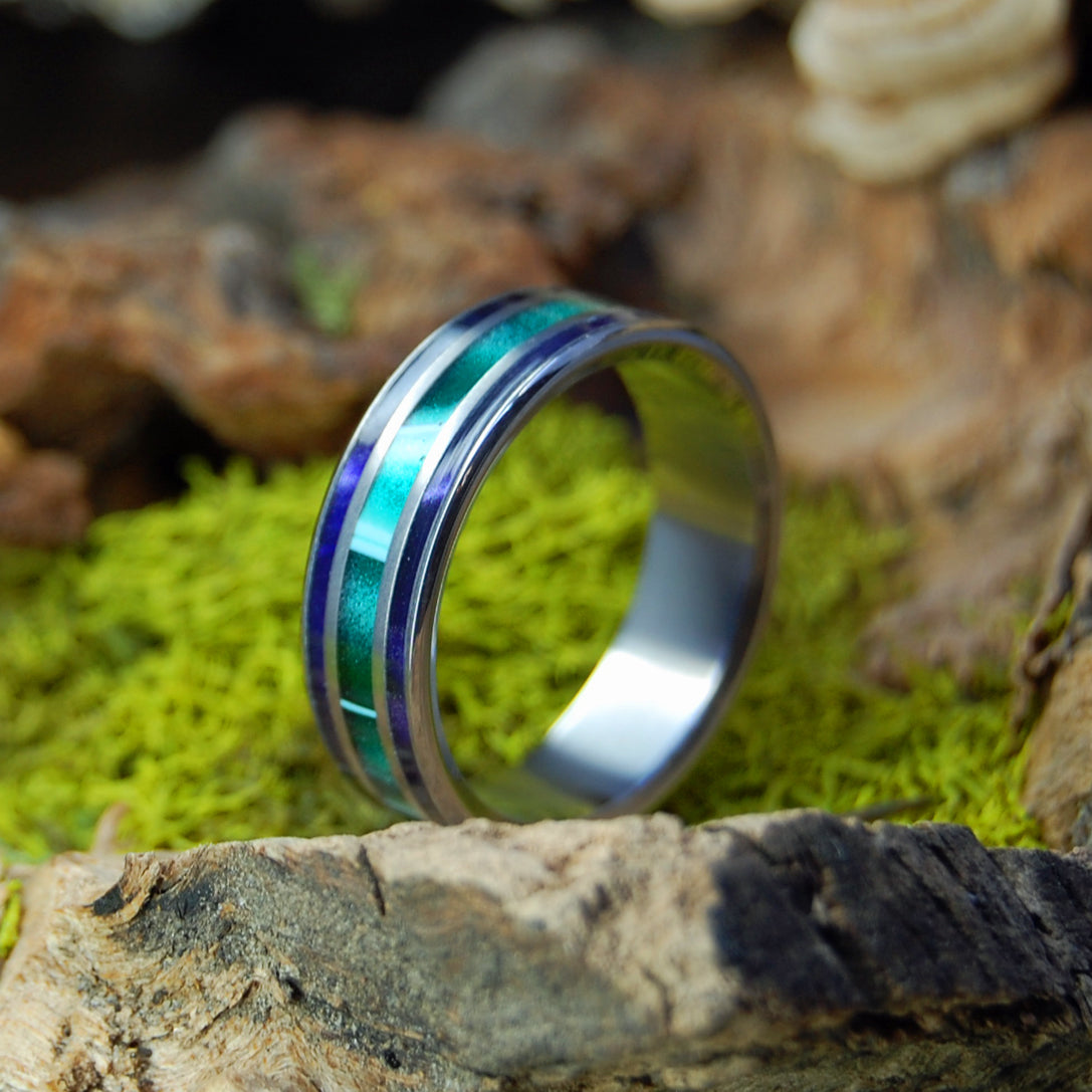 GREEN SHADOWS | Aquatic Green Resin + Purple Marbled Opalescent - Wedding Rings - Minter and Richter Designs