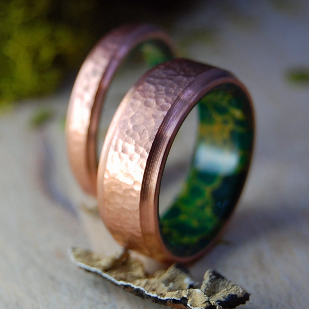Hammered Moxie | Copper & Jade Wedding Rings - Minter and Richter Designs
