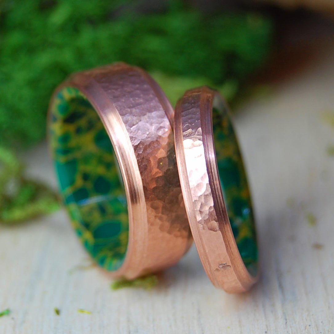Hammered Moxie | Copper & Jade Wedding Rings - Minter and Richter Designs