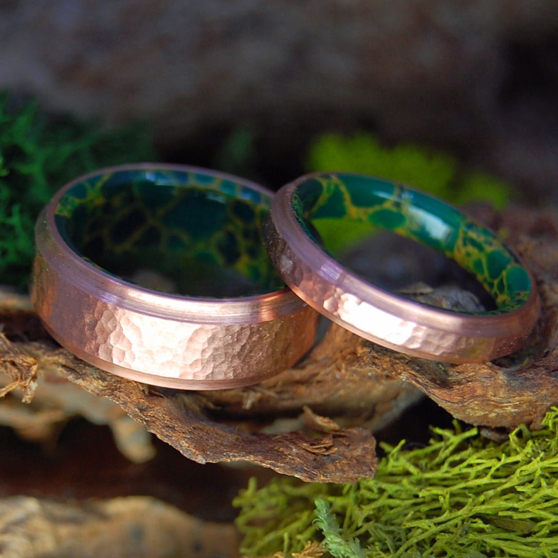Hammered Moxie | Copper & Jade Wedding Rings - Minter and Richter Designs