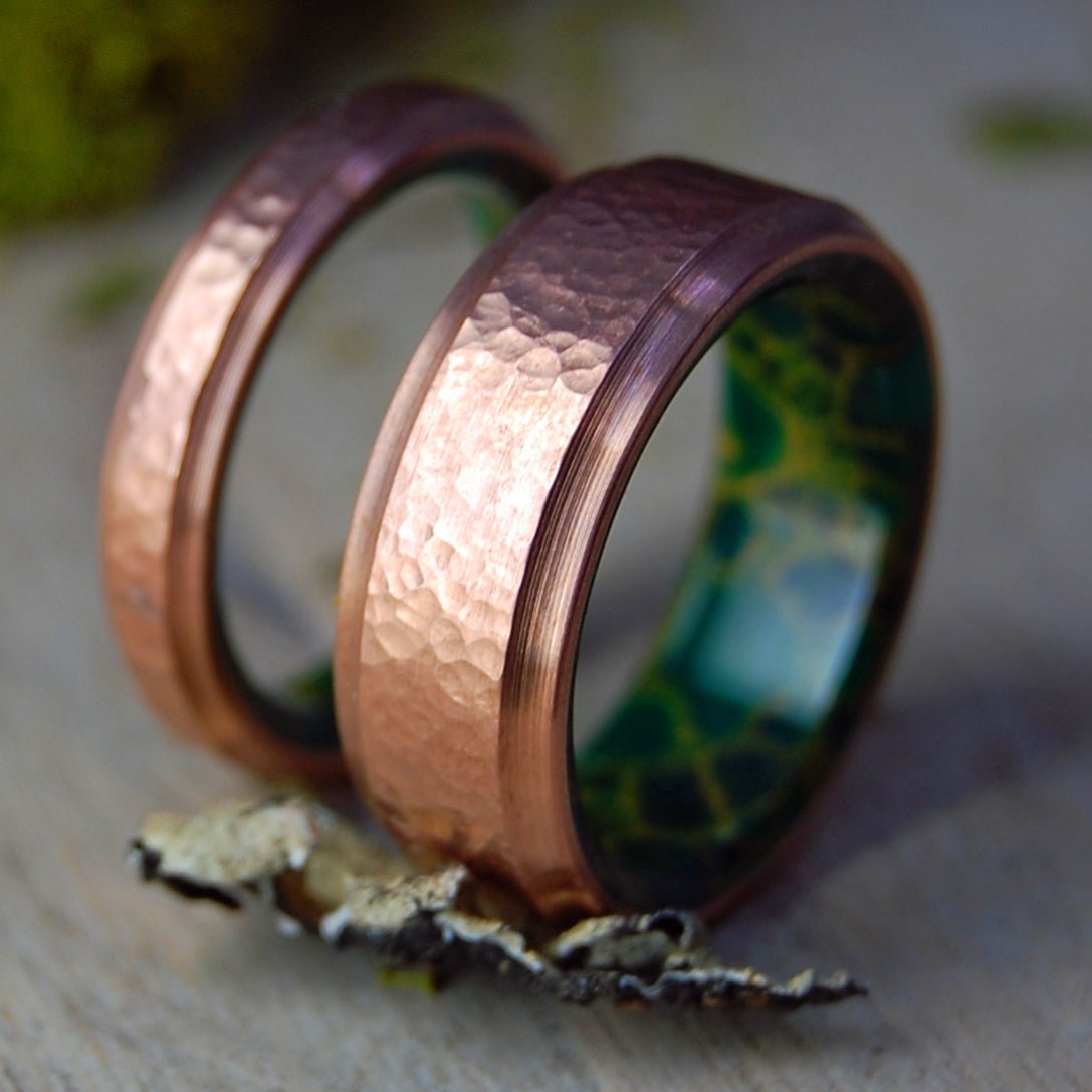 Hammered Moxie | Copper & Jade Wedding Rings - Minter and Richter Designs