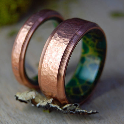 Hammered Moxie | Copper & Jade Wedding Rings - Minter and Richter Designs