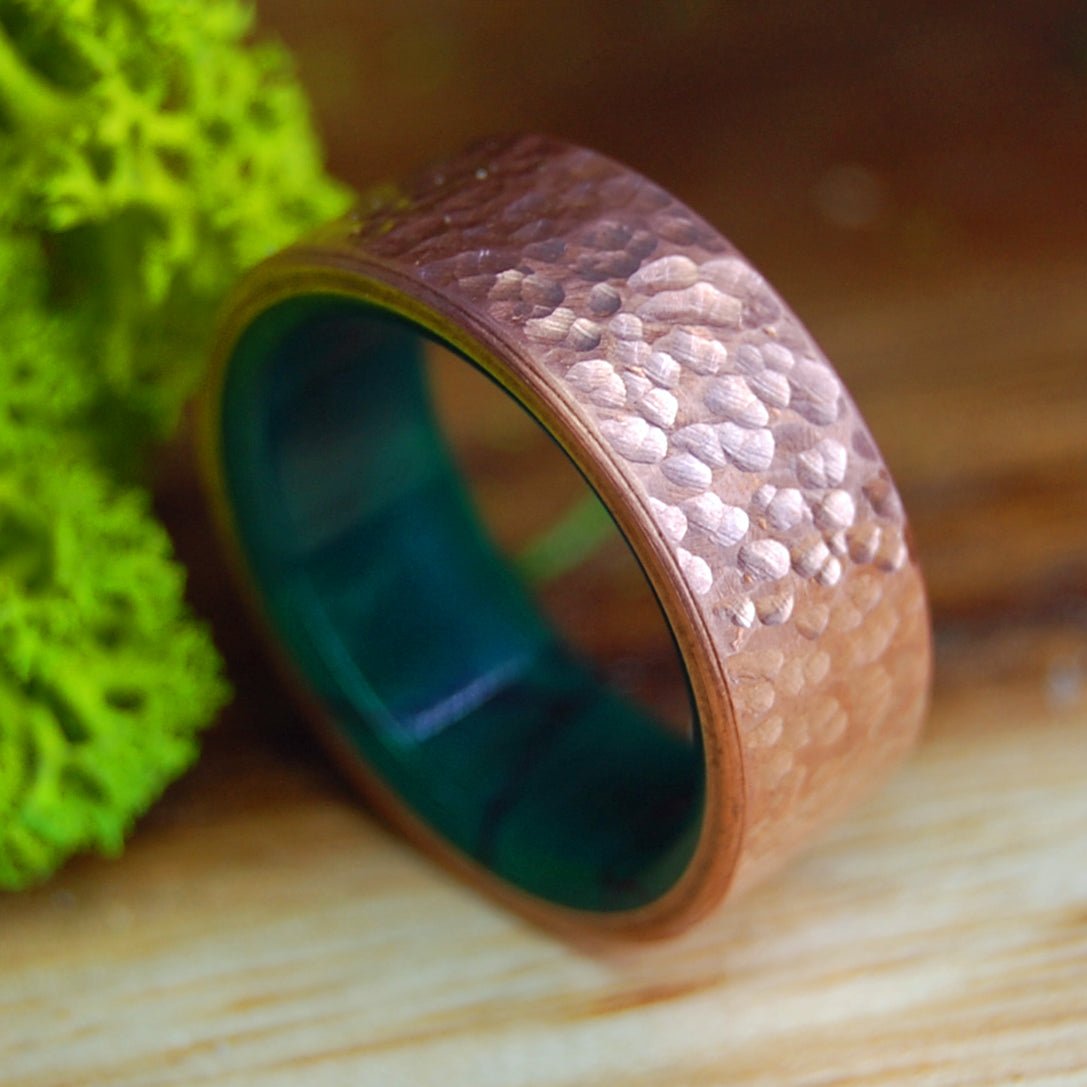 HAMMERED ROUNDED MOXIE | Men's Copper, Egyptian Jade & Titanium Wedding Ring - Minter and Richter Designs