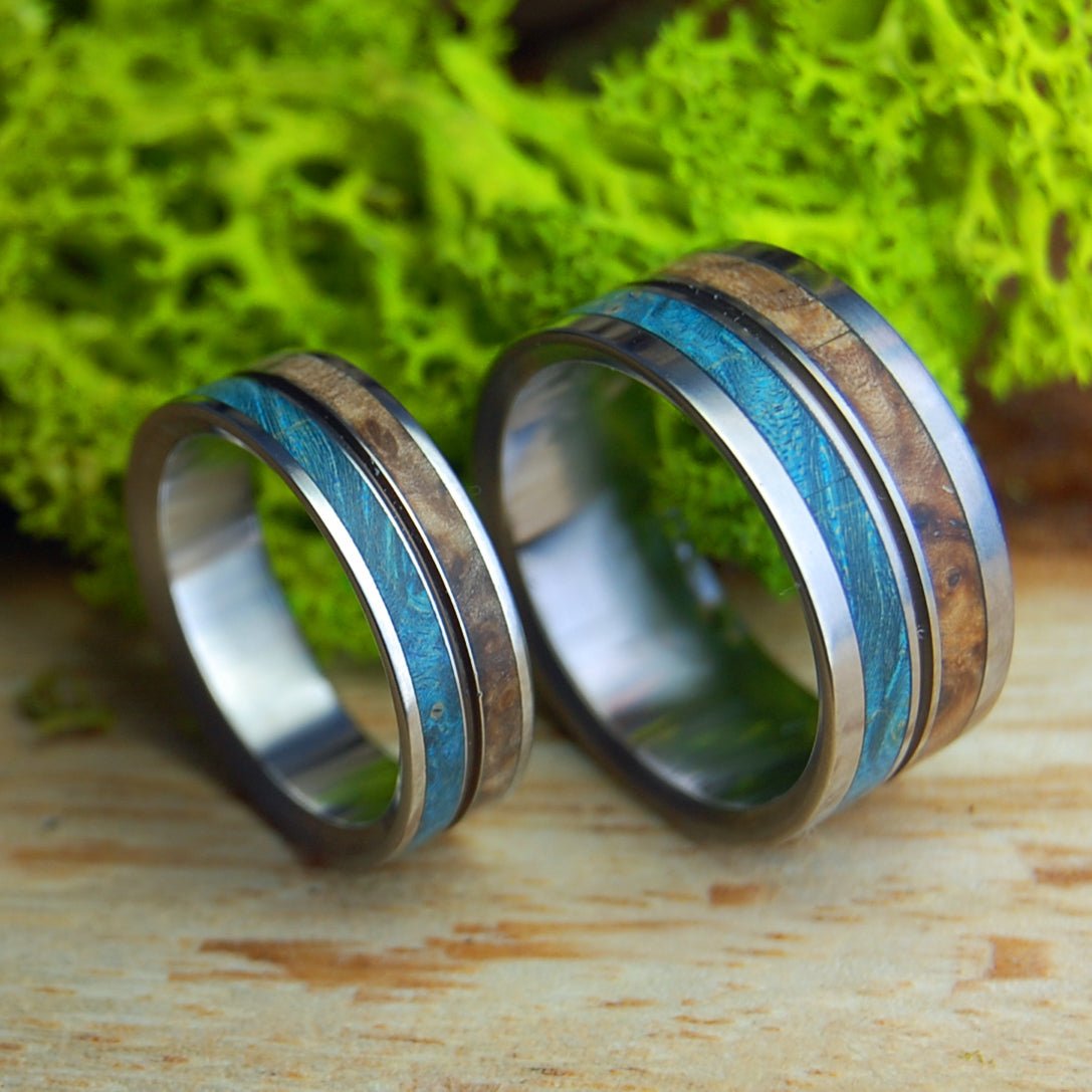 HEAVEN ON EARTH SET | Golden Box Elder Wood - Unique Wedding Ring - Minter and Richter Designs