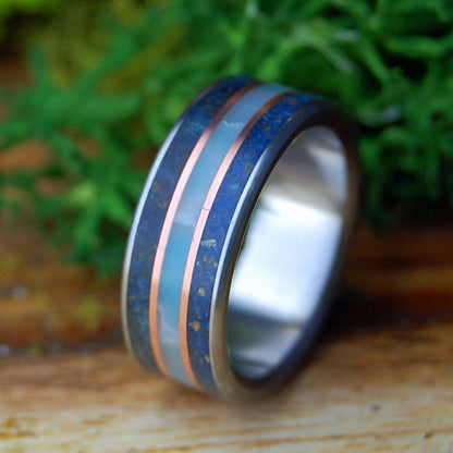 HER VERO BEACH TI | Women's Blue Box Elder Wood, Vero Beach Sand, Larimar Stone, Copper & Titanium Wedding Ring - Minter and Richter Designs