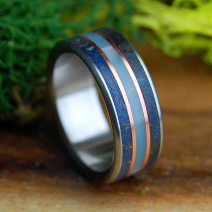 HER VERO BEACH TI | Women's Blue Box Elder Wood, Vero Beach Sand, Larimar Stone, Copper & Titanium Wedding Ring - Minter and Richter Designs