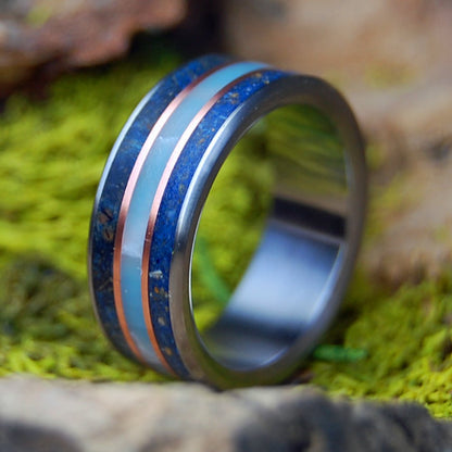 HER VERO BEACH TI | Women's Blue Box Elder Wood, Vero Beach Sand, Larimar Stone, Copper & Titanium Wedding Ring - Minter and Richter Designs