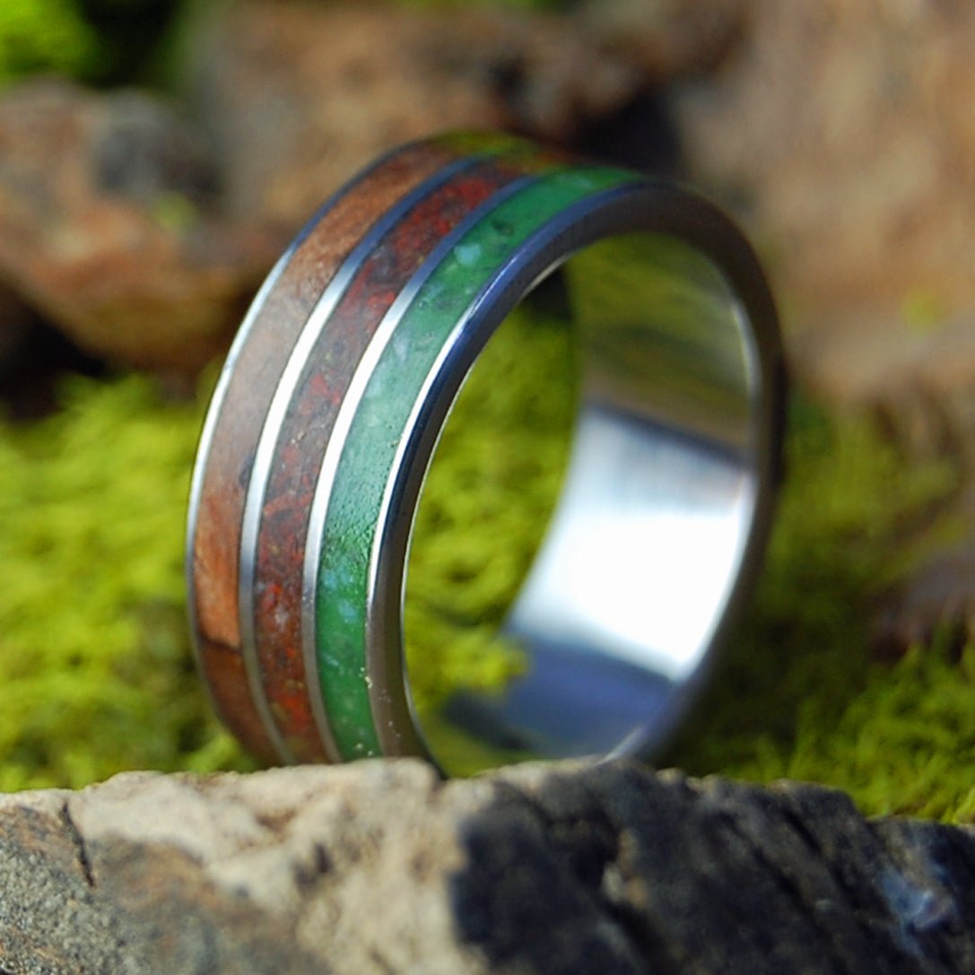 High Amongst | Men's Sequoia Wood, Crushed Jasper, Beach Sand & Marijuana Titanium Wedding Ring - Minter and Richter Designs