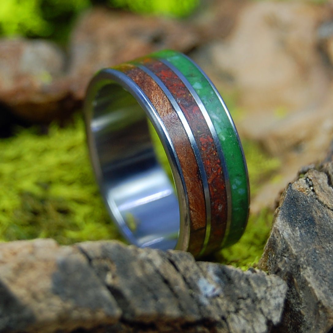 High Amongst | Men's Sequoia Wood, Crushed Jasper, Beach Sand & Marijuana Titanium Wedding Ring - Minter and Richter Designs