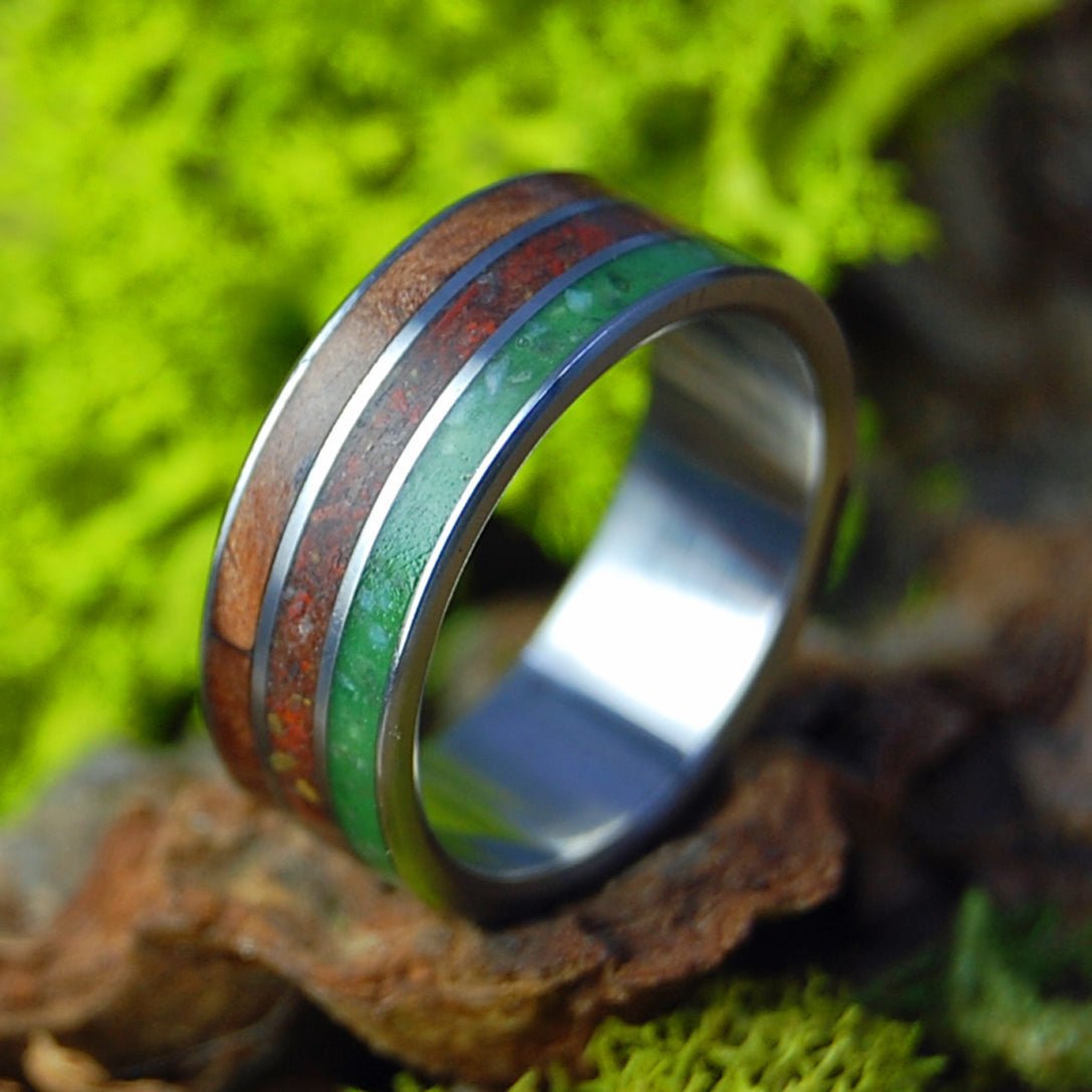 High Amongst | Men's Sequoia Wood, Crushed Jasper, Beach Sand & Marijuana Titanium Wedding Ring - Minter and Richter Designs