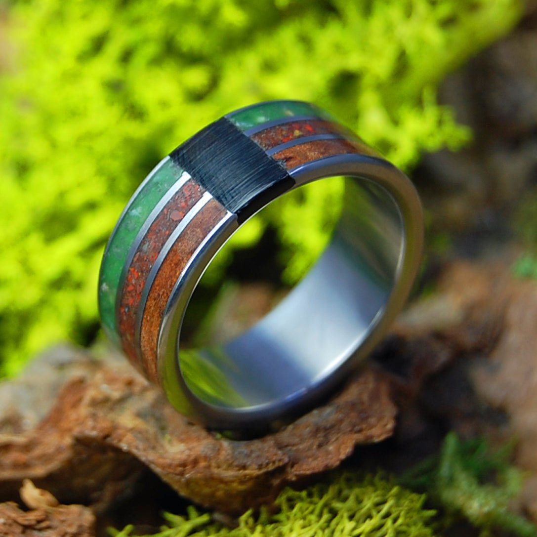 High Amongst The Buffalo | Men's Sequoia Wood, Buffalo Horn, Crushed Jasper, Beach Sand & Marijuana Titanium Wedding Ring - Minter and Richter Designs