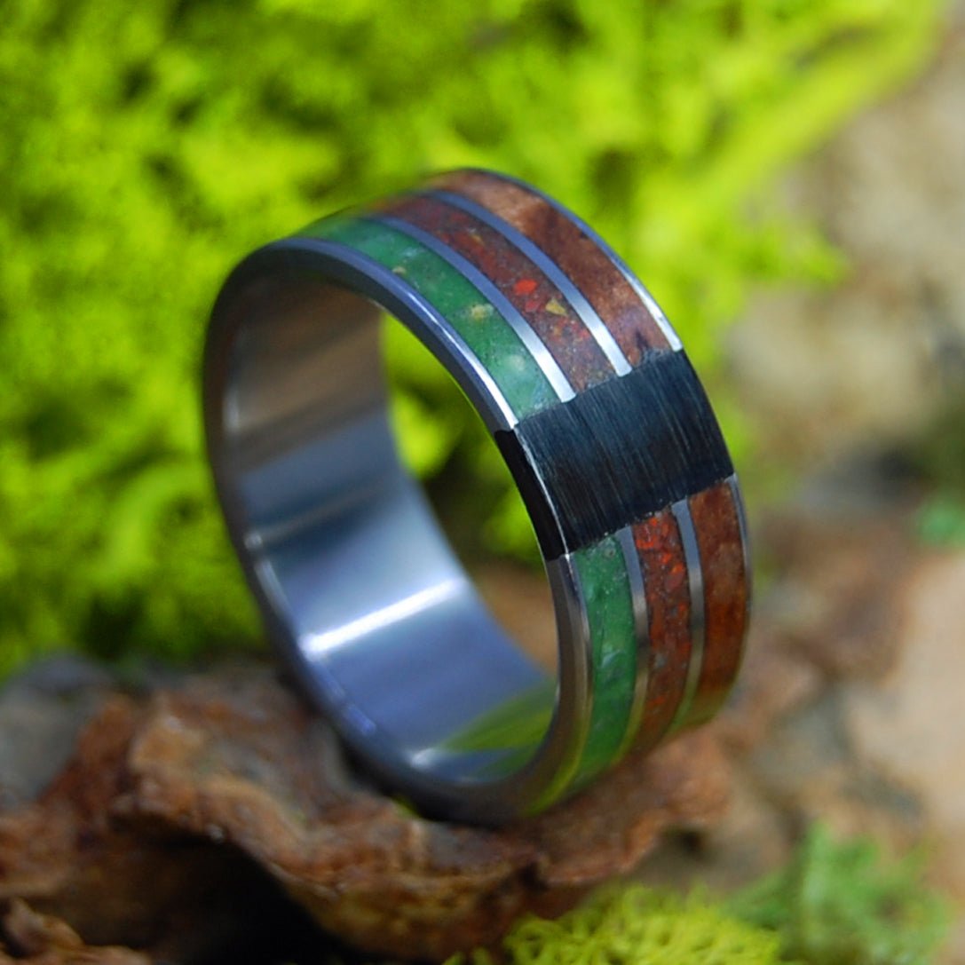 High Amongst The Buffalo | Men's Sequoia Wood, Buffalo Horn, Crushed Jasper, Beach Sand & Marijuana Titanium Wedding Ring - Minter and Richter Designs