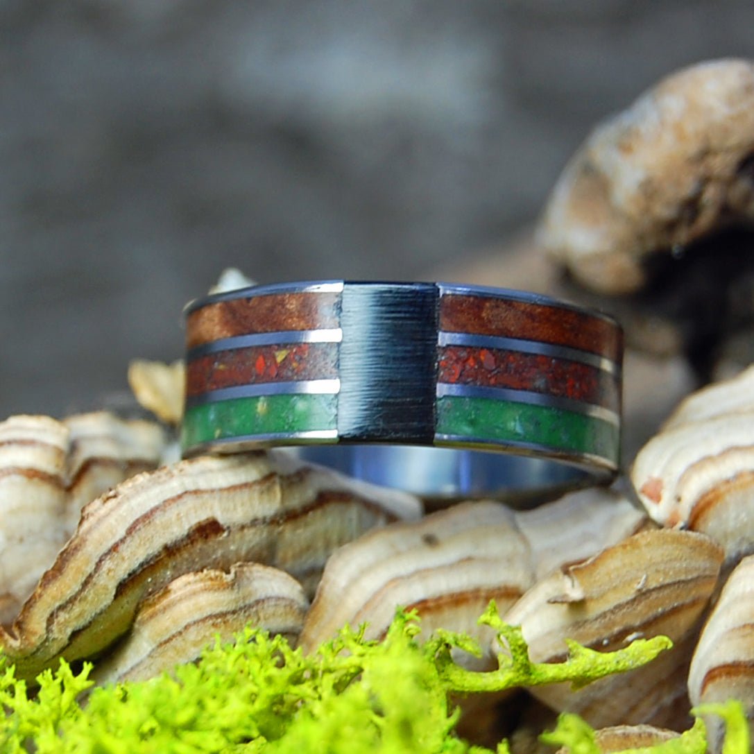 High Amongst The Buffalo | Men's Sequoia Wood, Buffalo Horn, Crushed Jasper, Beach Sand & Marijuana Titanium Wedding Ring - Minter and Richter Designs