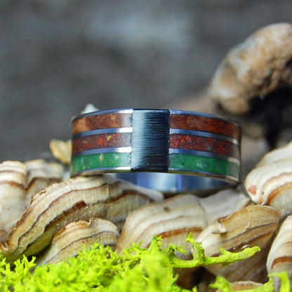 High Amongst The Buffalo | Men's Sequoia Wood, Buffalo Horn, Crushed Jasper, Beach Sand & Marijuana Titanium Wedding Ring - Minter and Richter Designs
