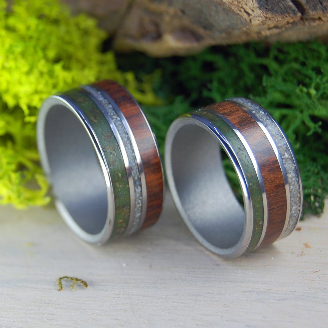 High In Aruba | Marijuana, Beach Sand, Snakewood - His & Hers Wedding Band Set - Wooden Wedding Ring - Minter and Richter Designs
