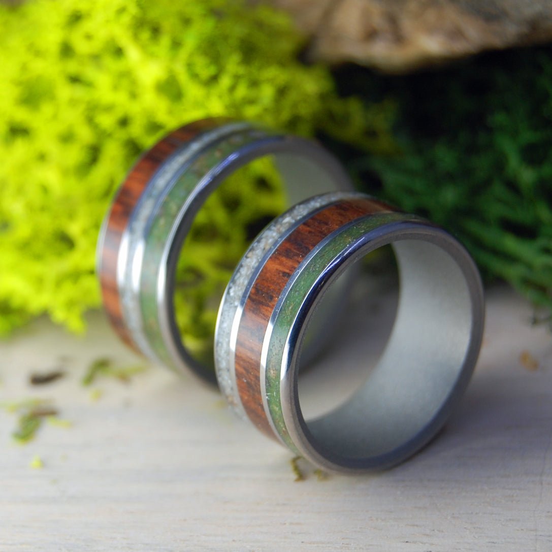 High In Aruba | Marijuana, Beach Sand, Snakewood - His & Hers Wedding Band Set - Wooden Wedding Ring - Minter and Richter Designs