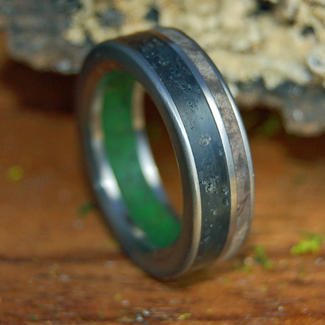HIGH IN ICELAND | Men's Marijuana, Dark Maple Wood, Vik Beach Sand/Lava & Titanium Wedding Ring - Minter and Richter Designs