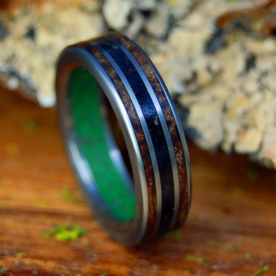 HIGH ON VIK | Men's Marijuana, Dark Maple Wood, Vik Beach Sand/Lava & Titanium Wedding Ring - Minter and Richter Designs
