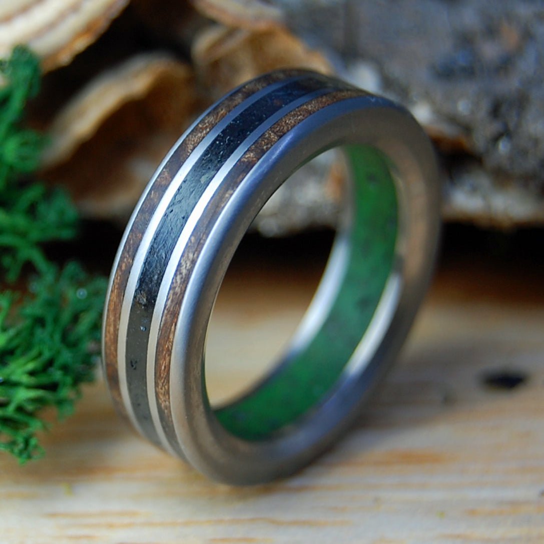 HIGH ON VIK | Men's Marijuana, Dark Maple Wood, Vik Beach Sand/Lava & Titanium Wedding Ring - Minter and Richter Designs