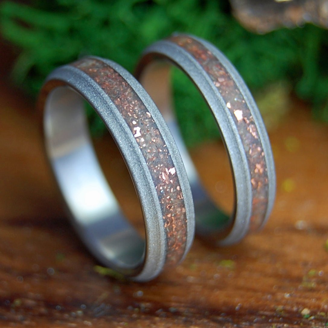 HINOKI & NATIVE COPPER | Japanese Hinoki, Michigan Native Copper Flecks & Titanium - Unique Wedding Rings - Minter and Richter Designs