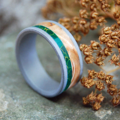 Hold My Hand Sandblasted | Men's Egyptian Jade, Wood & Titanium Wedding Ring - Minter and Richter Designs