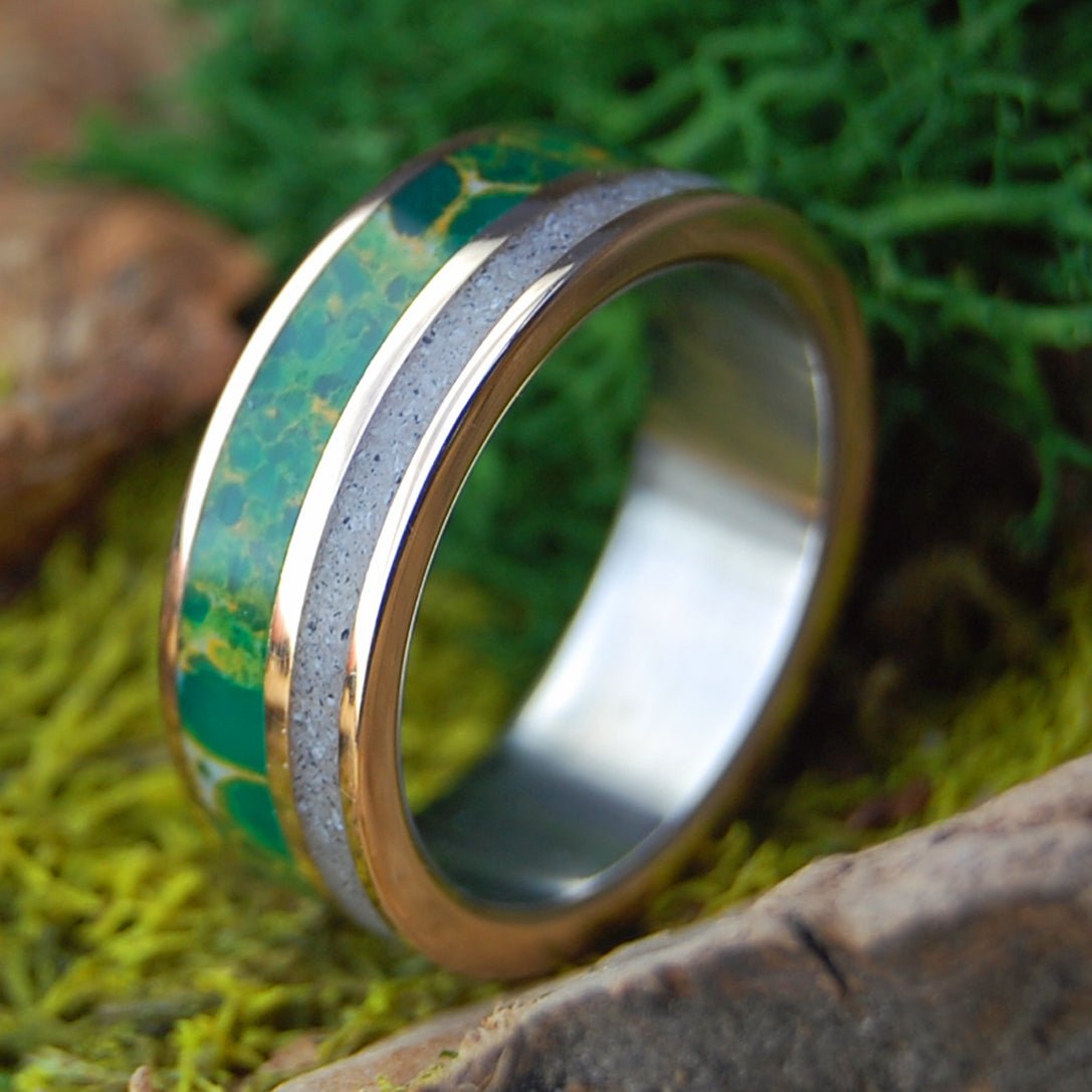 HOPE SPRINGS | Egyptian Jade, sand, Titanium & Bronze Wedding Ring - Minter and Richter Designs