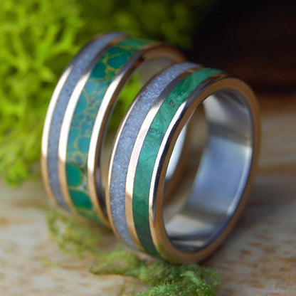 HOPE SPRINGS ETERNAL | GREEN BOX ELDER, EGYPTIAN JADE, SAND, Titanium & Bronze Wedding Rings Set - Minter and Richter Designs