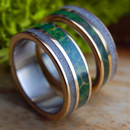 HOPE SPRINGS ETERNAL | GREEN BOX ELDER, EGYPTIAN JADE, SAND, Titanium & Bronze Wedding Rings Set - Minter and Richter Designs