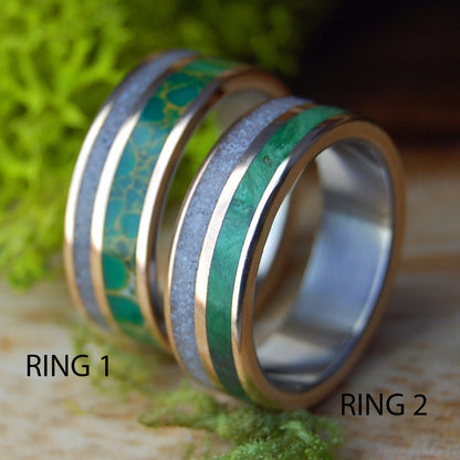 HOPE SPRINGS ETERNAL | GREEN BOX ELDER, EGYPTIAN JADE, SAND, Titanium & Bronze Wedding Rings Set - Minter and Richter Designs