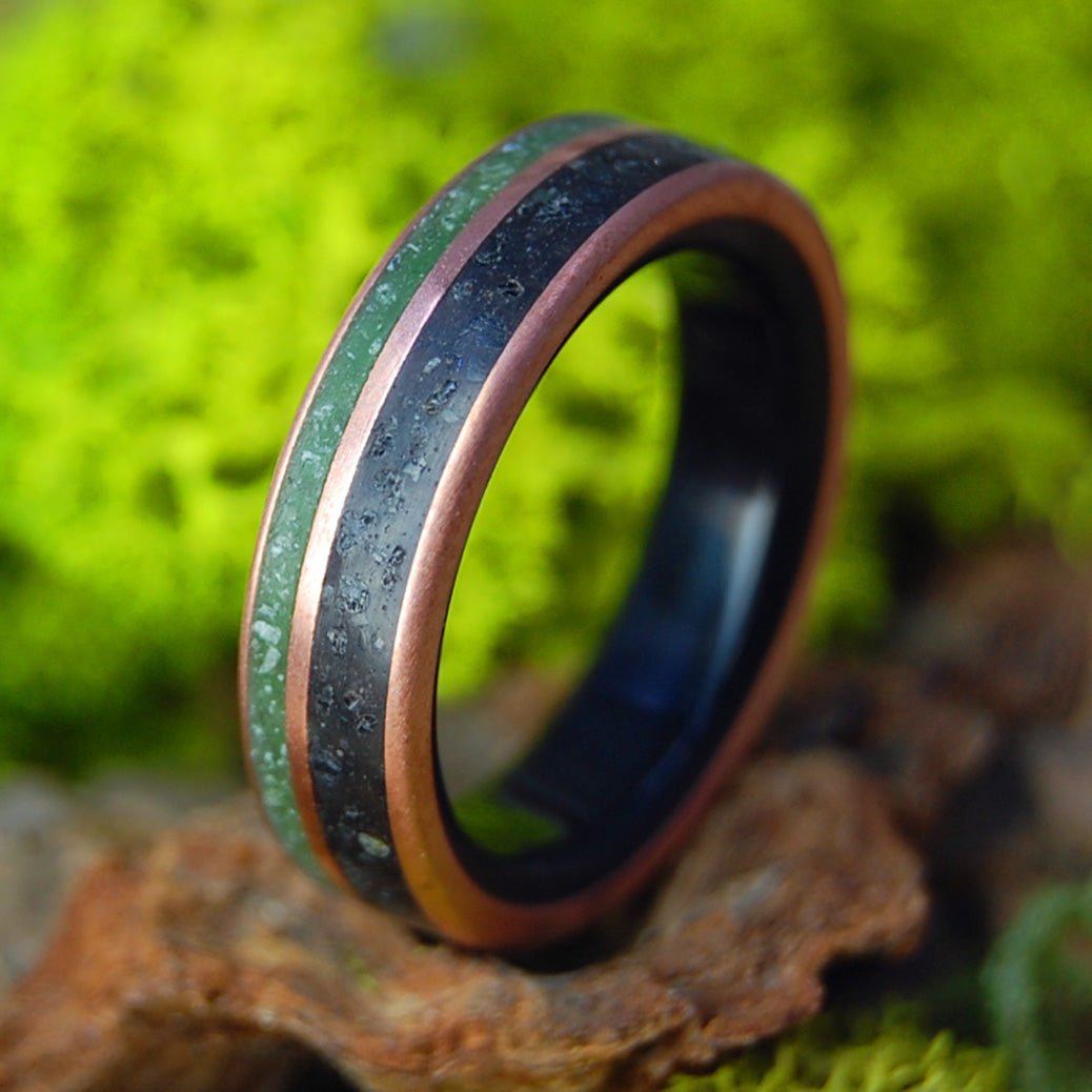 Iar Connacht | Copper, Vik Beach Icelandic Lava, Connemara Marble and Onyx Stone - Titanium Wedding Ring - Minter and Richter Designs