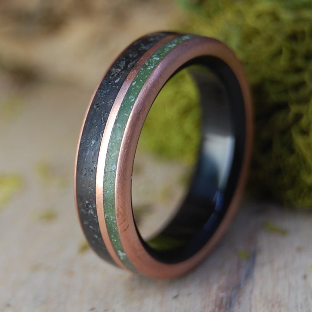 Iar Connacht | Copper, Vik Beach Icelandic Lava, Connemara Marble and Onyx Stone - Titanium Wedding Ring - Minter and Richter Designs