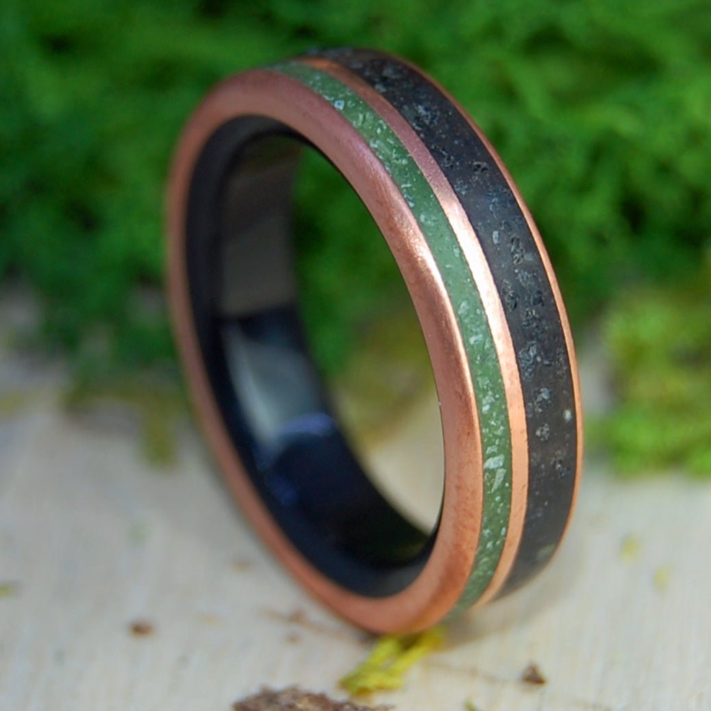 Iar Connacht | Copper, Vik Beach Icelandic Lava, Connemara Marble and Onyx Stone - Titanium Wedding Ring - Minter and Richter Designs