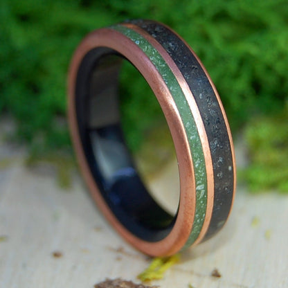 Iar Connacht | Copper, Vik Beach Icelandic Lava, Connemara Marble and Onyx Stone - Titanium Wedding Ring - Minter and Richter Designs